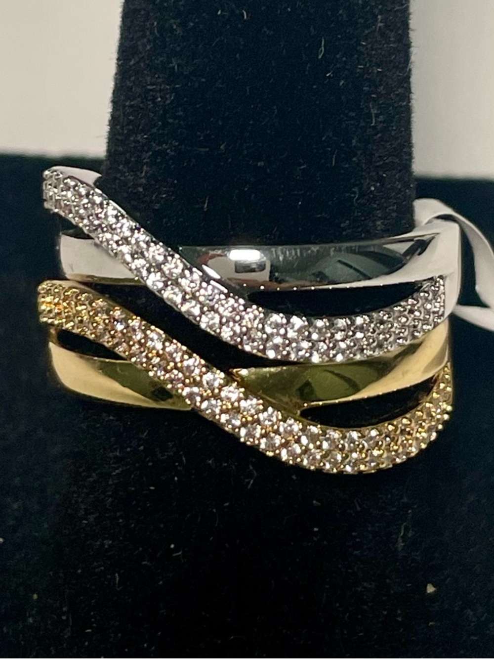Two-Tone Crisscross Pave Ring - 18K Gold & White filled size 7 rings